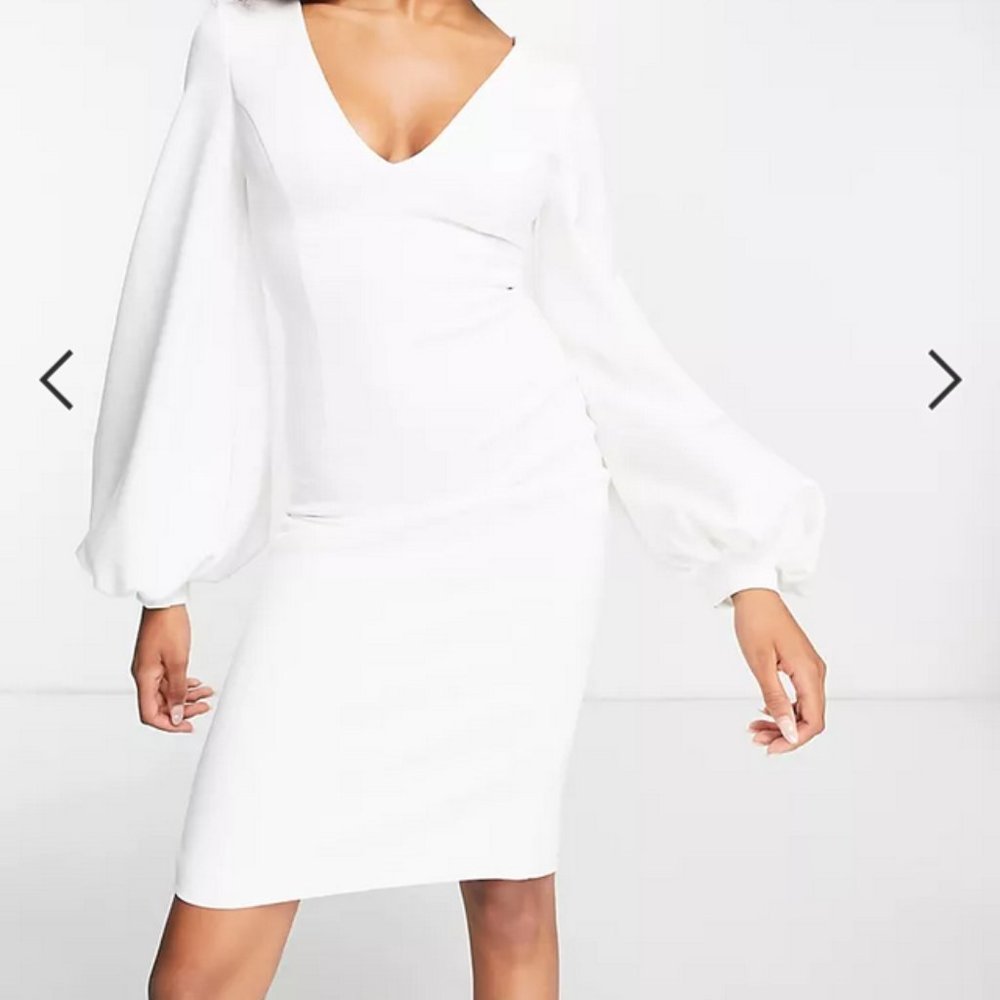 True Violet plunge balloon sleeve midi dress in white